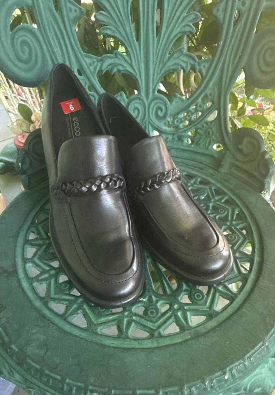 ECCO Black Leather Braided Strap Slip-On Heeled Loafers